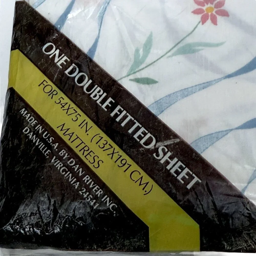 Vintage Fitted Sheet Full Size Blue Bow Floral by Danville No Iron Percale
